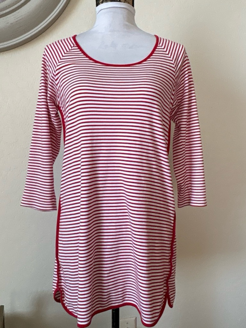 Lake Pajamas Pima Cotton 3/4 Long Sleeve Nightgown Sz S White Red